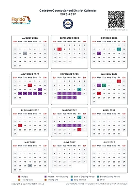 Printable Gadsden County School District school calendar 2026-2027 by FloridaSchools.us
