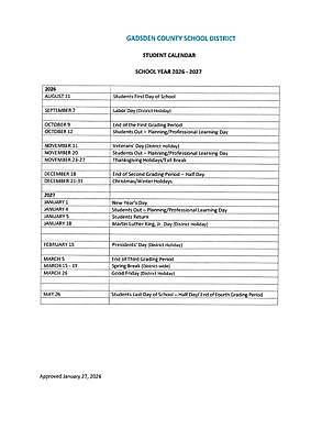 Official Gadsden County School District district school calendar 2026-2027 original PDF preview