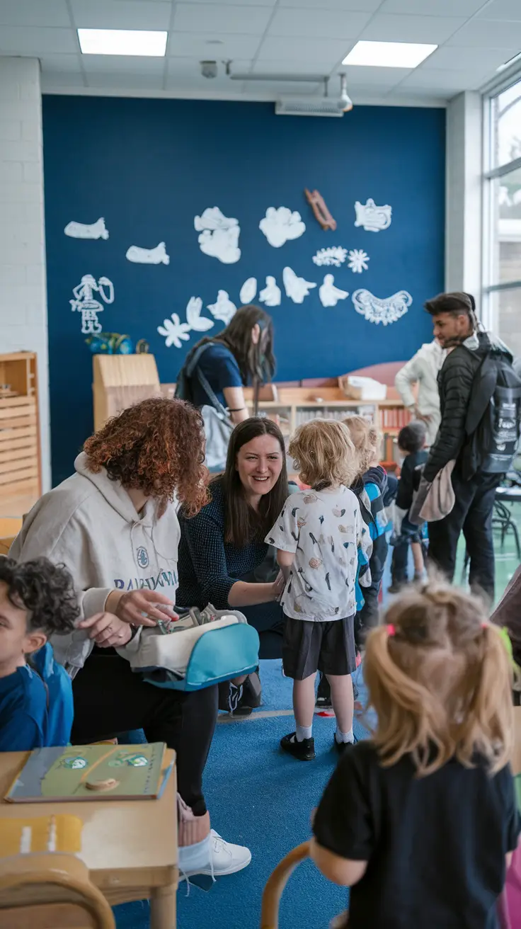 Parents actively engaging with their children in a Deaf school setting.