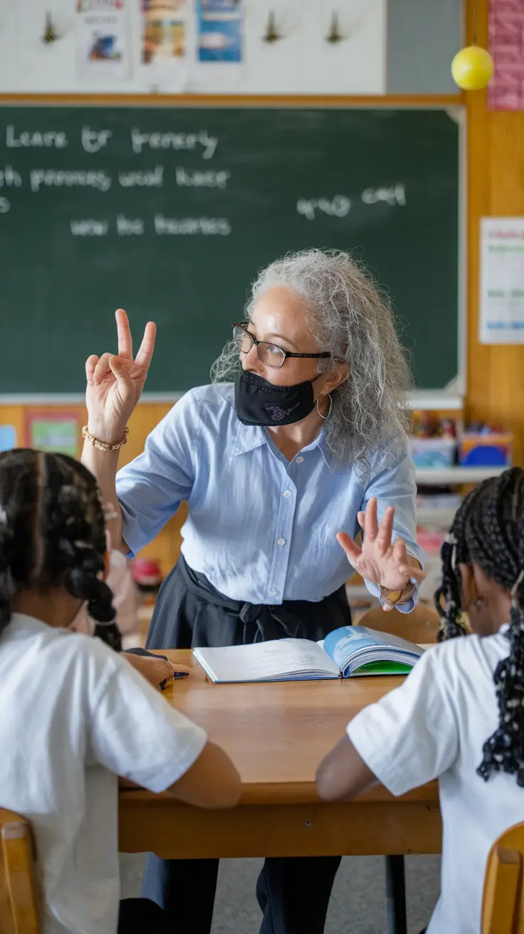 A Deaf teacher communicating in sign language with students.